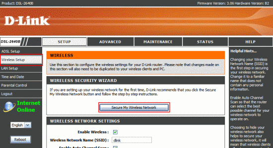 Router admin page - Wireless setup