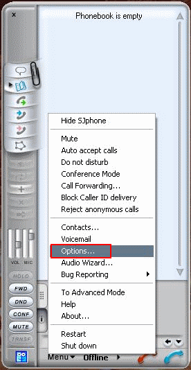 Right click on SJ Phone and select Options...