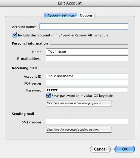 Mac Entourage - accounts - accounts settings