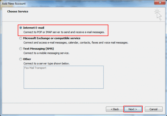Select Internet E-mail and click Next.
