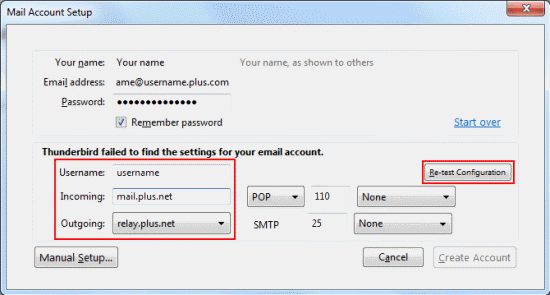 Now Thunderbird will try and detect your mail settings. This won't work so you'll need to enter them yourself (see below the screenshot if you need help with this).