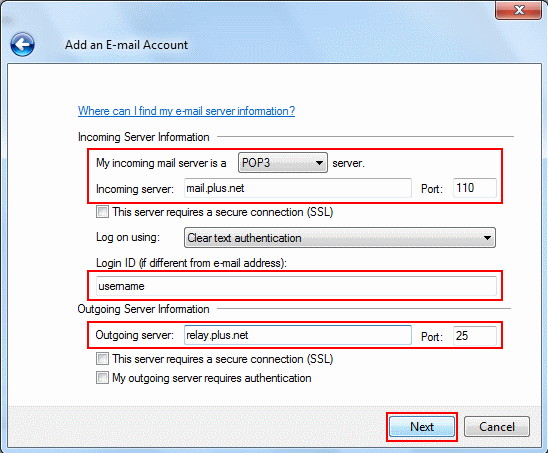 Fill in your mail server addresses and email username (see below the screenshot if you need help with this).