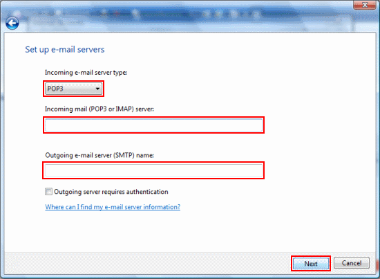 Fill in the mail server addresses (see below the screenshot if you need help with this).