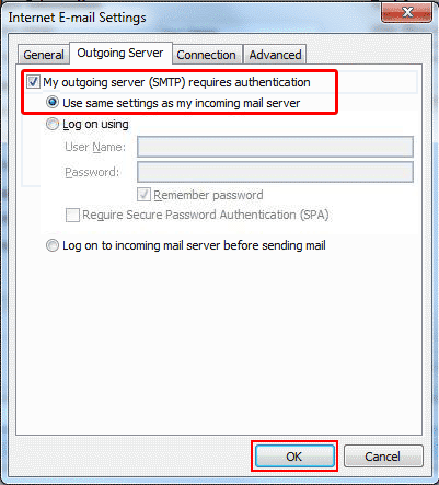 Select the Outgoing Server tab and tick My Outgoing server (SMTP) requires authentication. This will allow you to select Use same settings as my incoming mail server.
