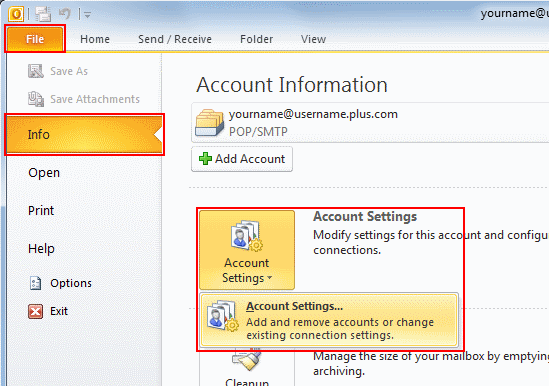 In Outlook 2010, go to the File tab, make sure Info is selected from the left menu and select Account Settings.