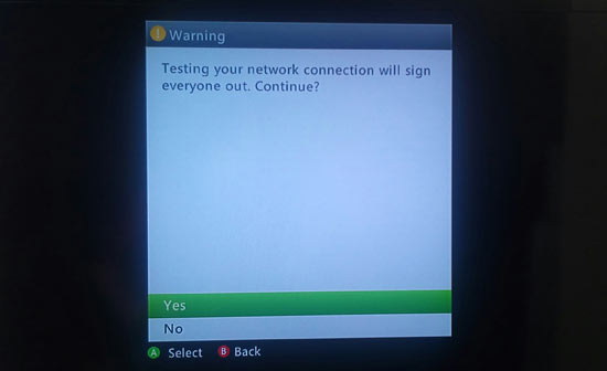 Your Xbox will now test the connection to make sure everything is working correctly.  It'll need to sign you out to do this, so select Yes when prompted.