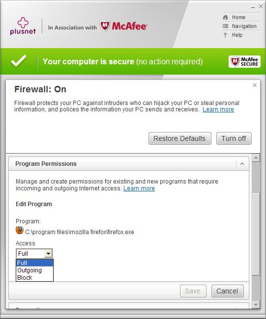 McAfee Firewall permissions continued