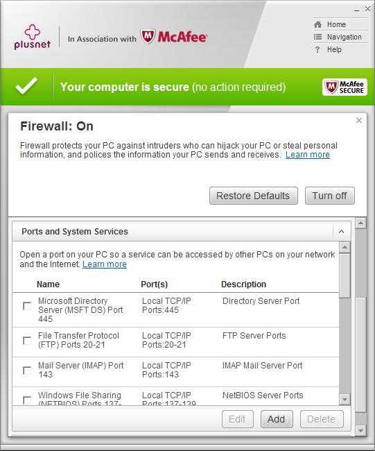 McAfee Firewall system ports