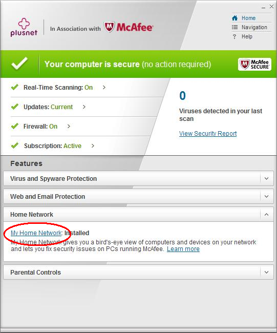 McAfee My Home Network link