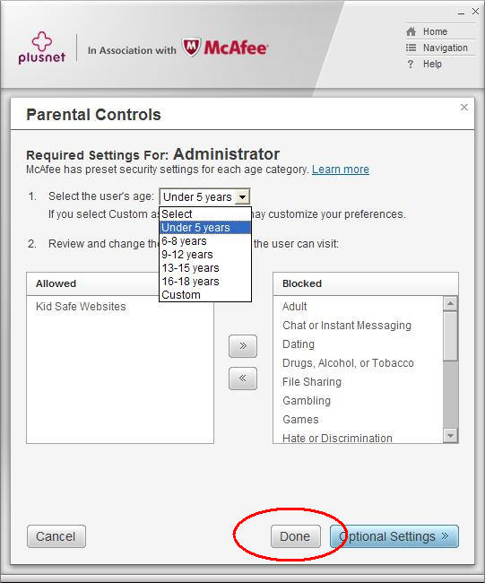 Parental Controls select child's age