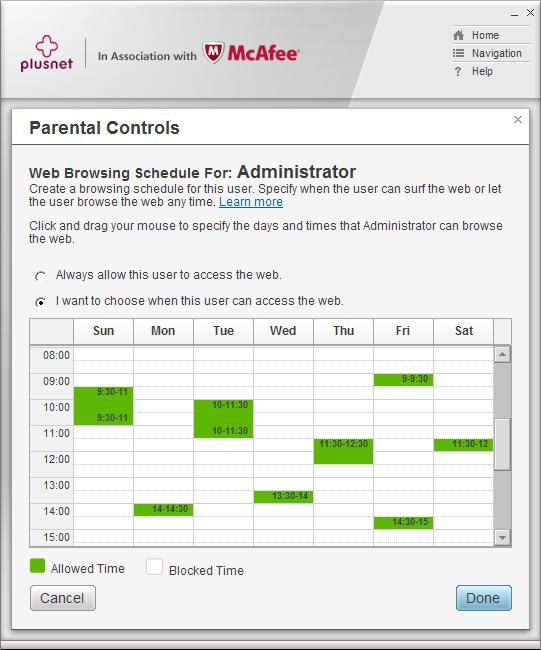 Parental Controls web browsing schedule