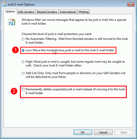 Windows Mail Junk E-mail Options