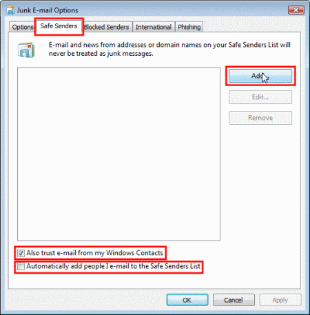 Windows Mail - Safe Senders